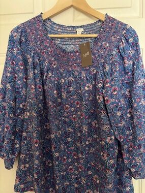 J. Jill Blue Floral Smocked-Neck Tunic